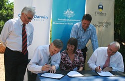 Pictured from left to right are:  Kon Vatskalis (NT Government - Minister for Health); Professor Michael Barber (Vice-Chancellor, Flinders University); the Hon Nicola Roxon MP (Federal Government Minister for Health and Ageing), Mr Damian Hale MP (Member for Solomon); and Professor Barney Glover (Vice-Chancellor, Charles Darwin University)