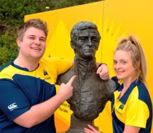 Flinders University Southern University Games co-captain Jimmy Wilson, and Stephanie Wight, who is a serious contender for a gold medal in squash, with Flinders University’s other Captain, Matthew Flinders, at Bedford Park.