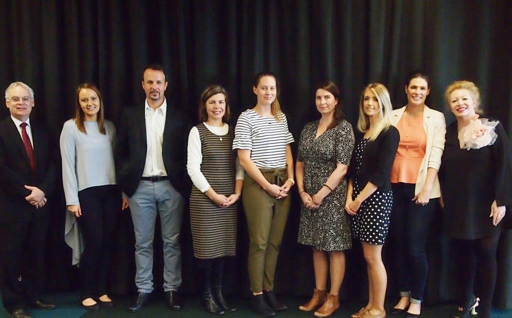 The thesis prize presentations at Flinders on 5 May, left to right, Professor Robert Saint, Dr Gorica Micic, supervisor Professor Luciano Beheregaray, Dr Jane Bickford, Dr Rachel Andrew, Dr Pamela Graham, Dr Emma Maguire, Dr Julie-Ann Hulin and Professor Tara Brabazon, Dean of Graduate Research.