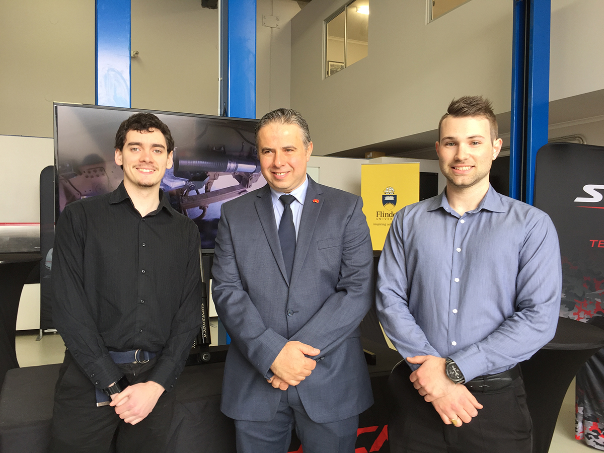 Supashock Managing Director Oscar Fiorinotto (centre) with Flinders' Sean Reynolds and Andrew Webb.