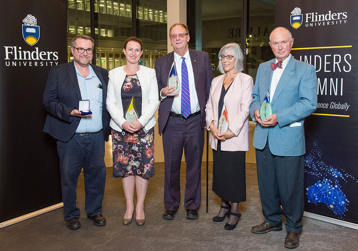 From left: Convocation Medal recipient Professor Craig Simmons; Distinguished Alumni Award recipients Louisa Minney, Peter Goers OAM, Dr Kate Barnett, and James Currie.