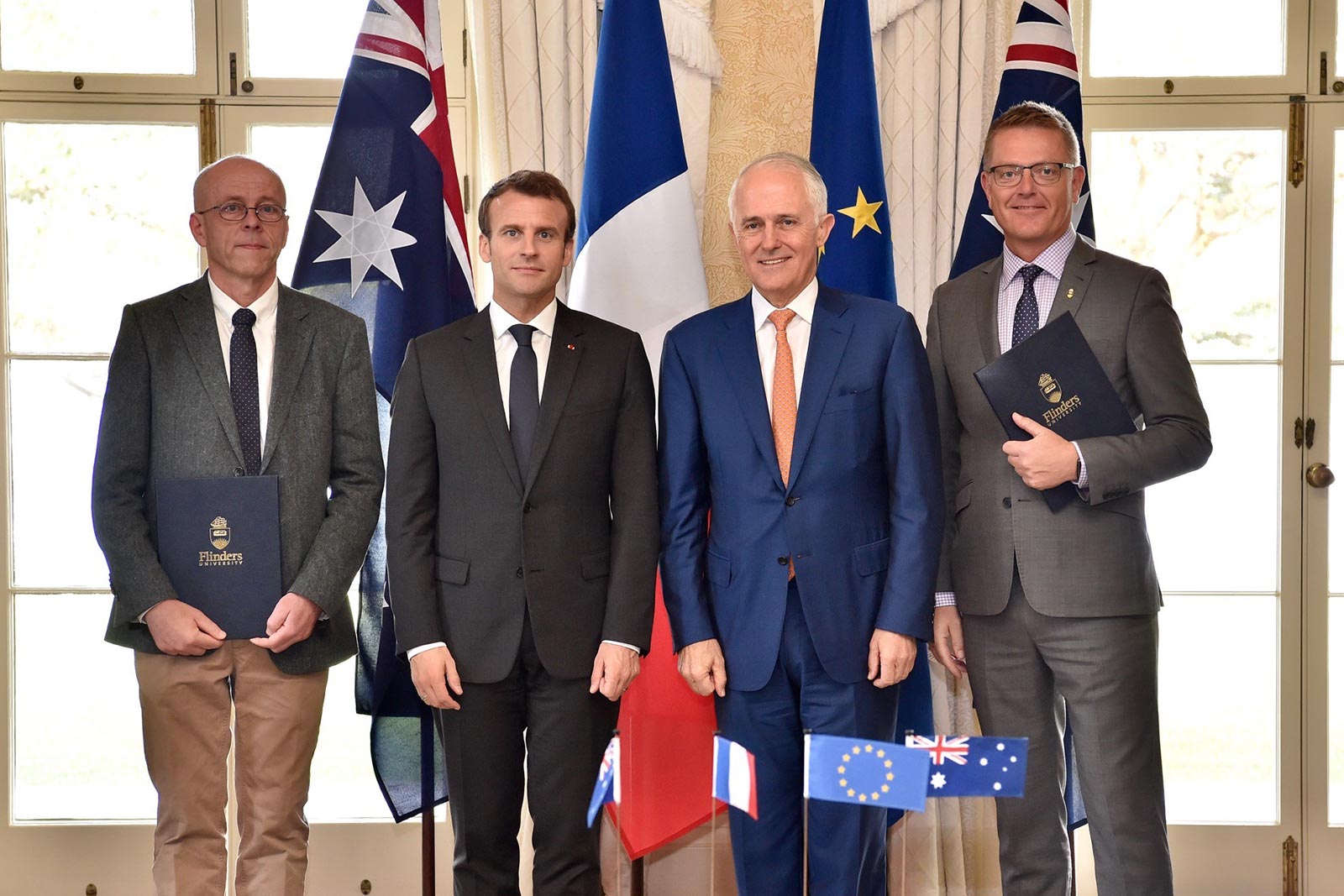 From left: Professor Arnaud Poitou, Director of Centrale Nantes; President of France Emmanuel Macron; Prime Minister of Australia Malcolm Turnbull; Professor Colin Stirling, President and Vice-Chancellor Flinders University.