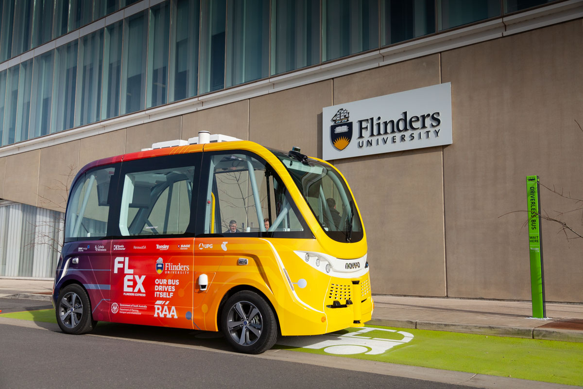 Flinders Express FLEX driverless shuttle vehicle shown at Tonsley Innovation Precinct.