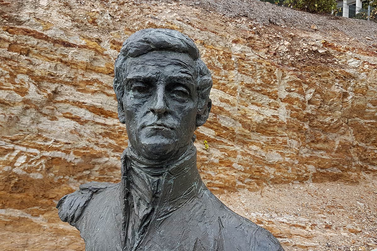 A bronze bust of Captain Matthew Flinders greets students, staff, and visitors to Flinders University's Bedford Park campus. The sculpture, by Australian artist John Dowie, was unveiled by His Royal Highness the Duke of Edinburgh in 1986.