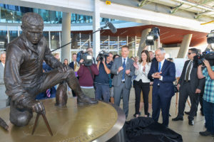 Vice-Chancellor Professor Colin Stirling (centre) and then Prime Minister Malcolm Turnbull at the unveiling of full-size replica statue of Matthew Flinders at Flinders University's Tonsley campus in 2016. Photo: Brenton Edwards for Flinders University