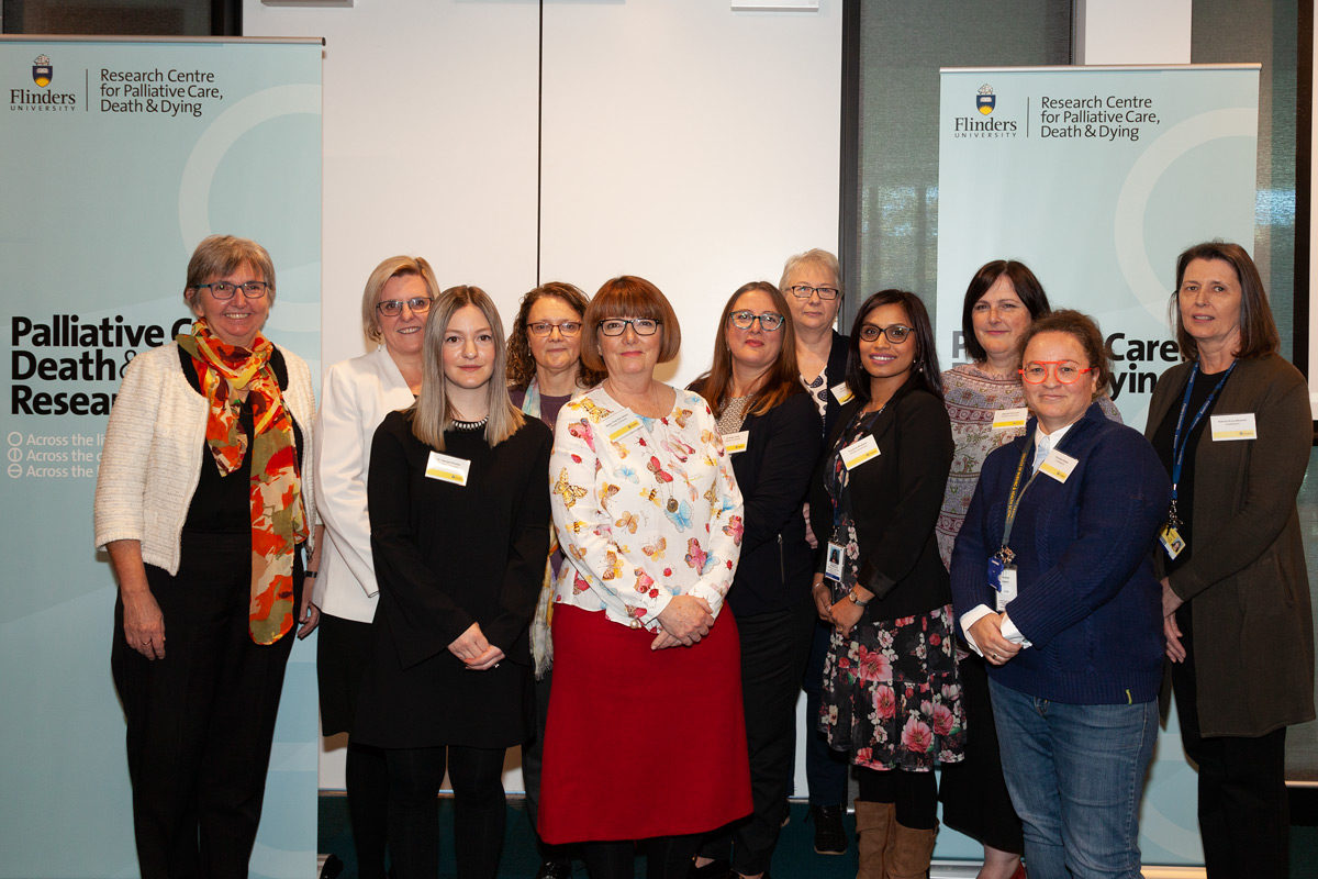 Flinders Professor Jennifer Tieman (left) with academics, researchers and clinician partners from the Research Centre for Palliative Care, Death and Dying.