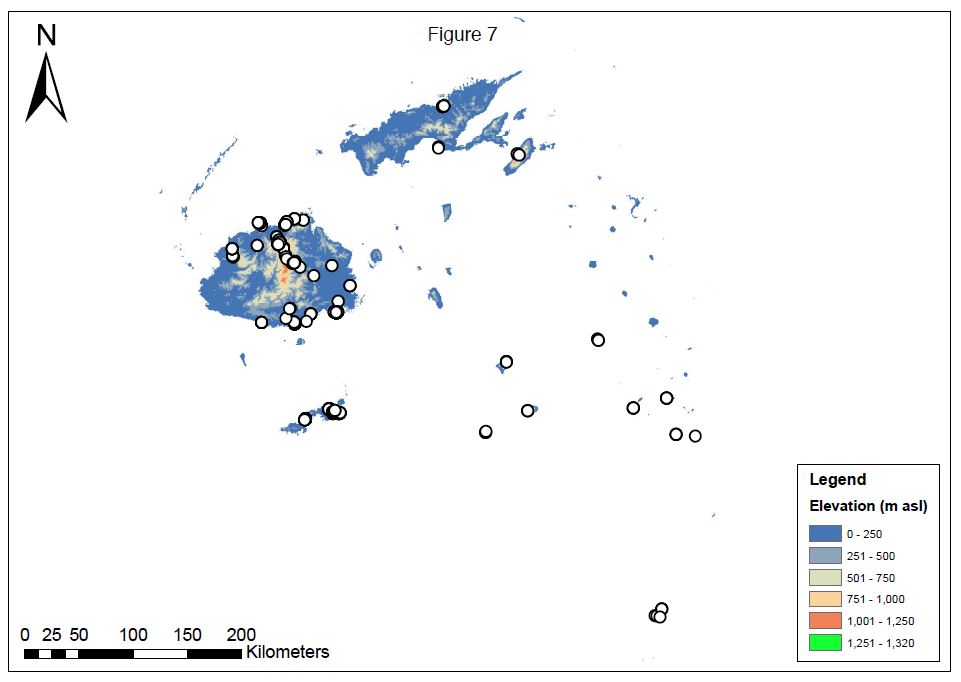 Diagram marks where the Australian researchers looked for the native bee species in Fiji. 