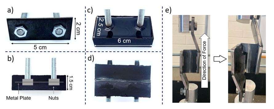 Figure showing how polymer bricks can be joined together as a building material (left). Testing of the mechanical strength of the material